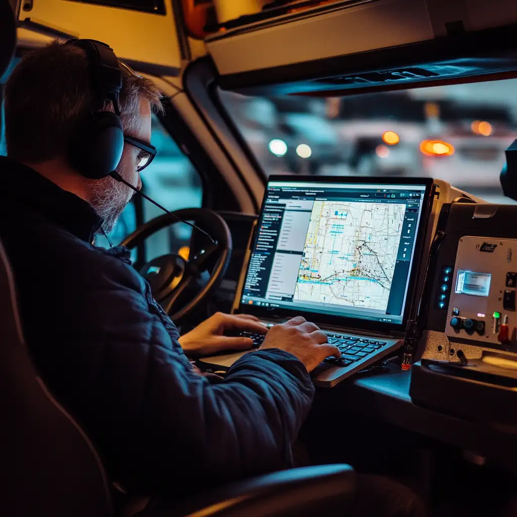 Interno di un furgone per sorveglianza con investigatore privato che monitora i movimenti di un veicolo su un laptop, circondato da attrezzature professionali