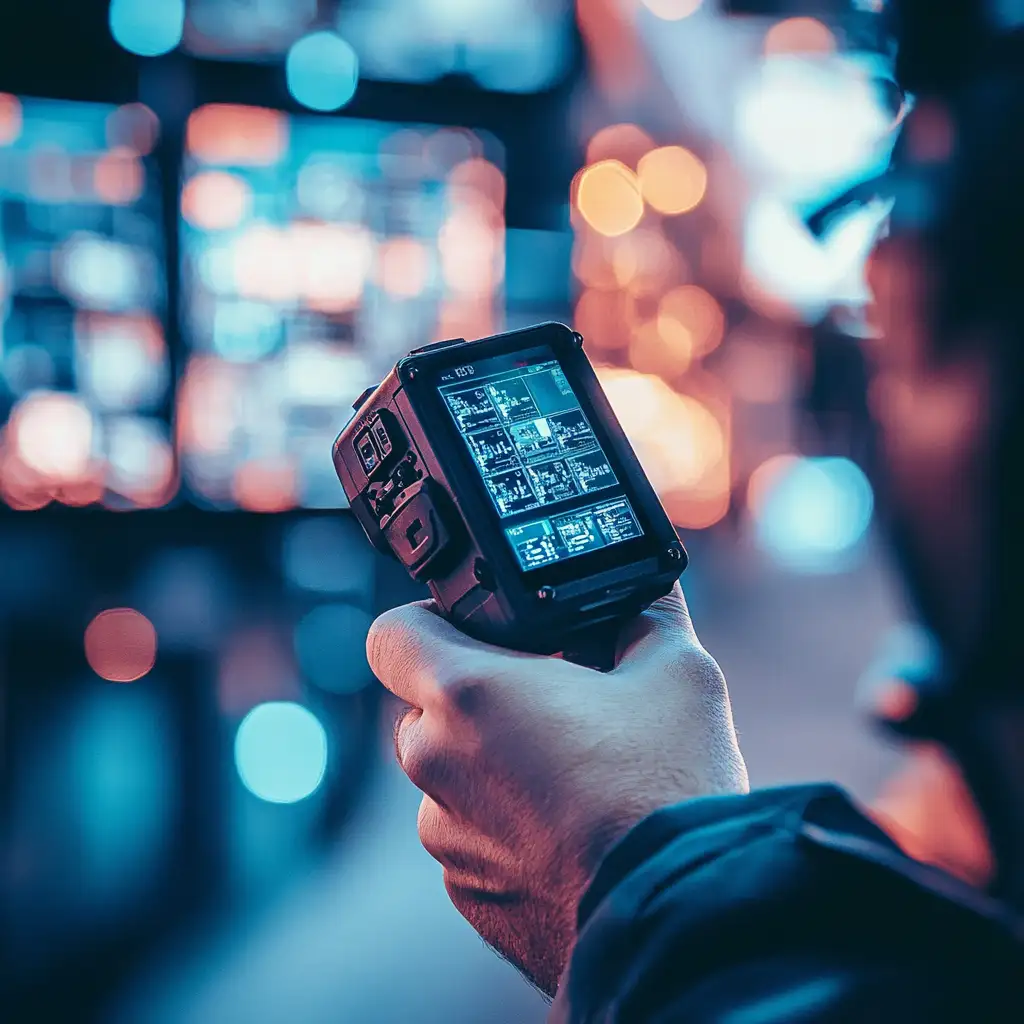 Mano di un investigatore privato con dispositivo GPS, monitor di sorveglianza sullo sfondo