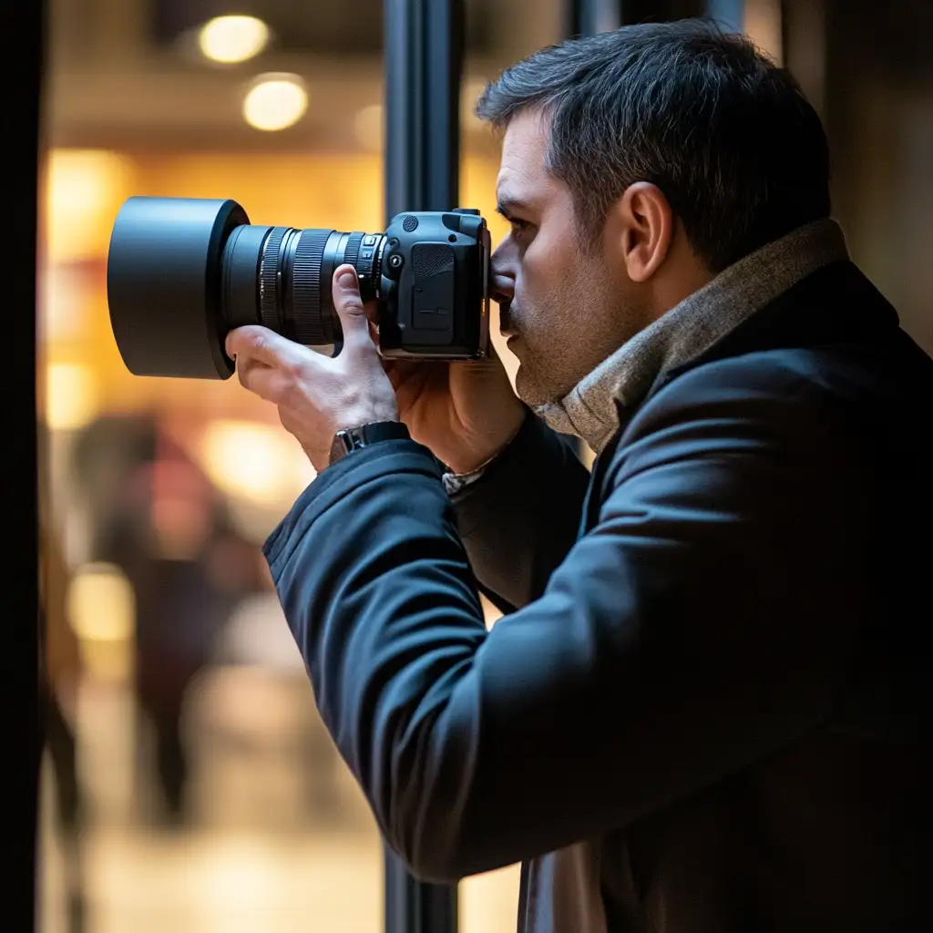 Un investigatore privato documenta con una fotocamera professionale le azioni sospette di un dipendente sul posto di lavoro, raccogliendo prove per un'indagine di licenziamento per giusta causa